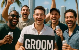 men celebrating together in Miami Florida | Hot Party Stripper Cheerful bachelor party scene with friends celebrating outdoors, holding drinks, with the groom holding a "GROOM" sign.
